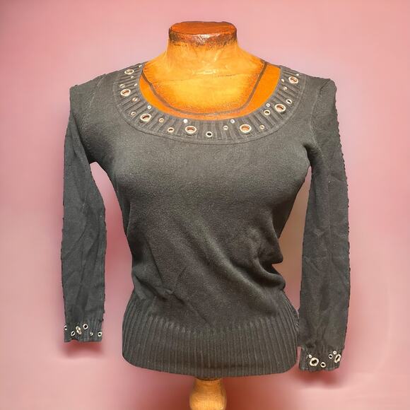 VINTAGE Y2K Bratty Caché Silk Blend Knit Sweater Glam Ring Studded Size S - Picture 1 of 6